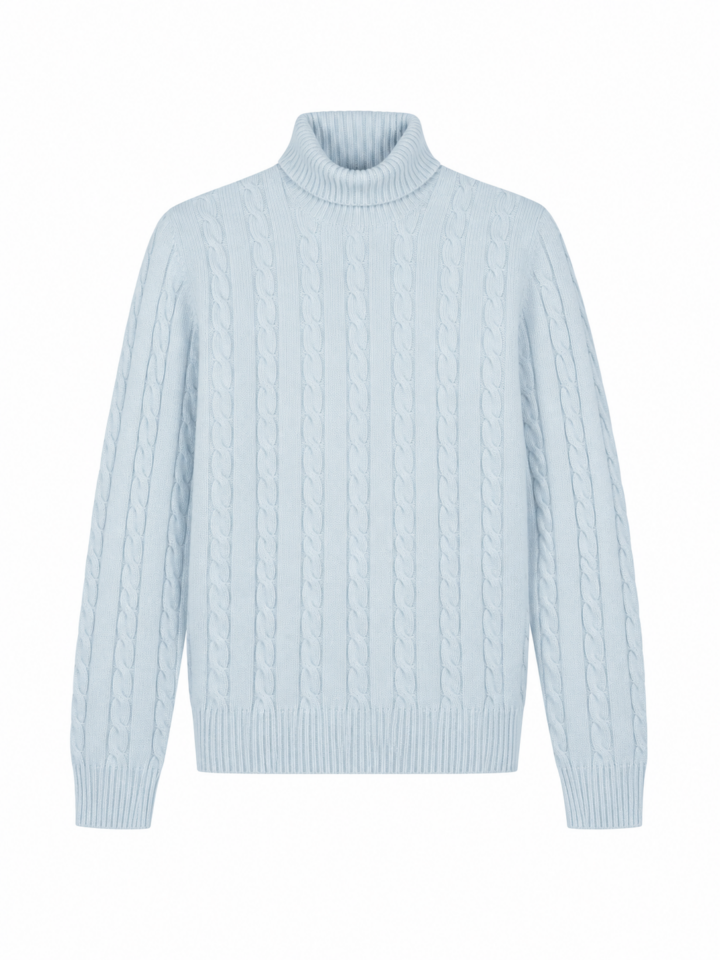 Light Blue Cable-Knit Turtleneck Sweater