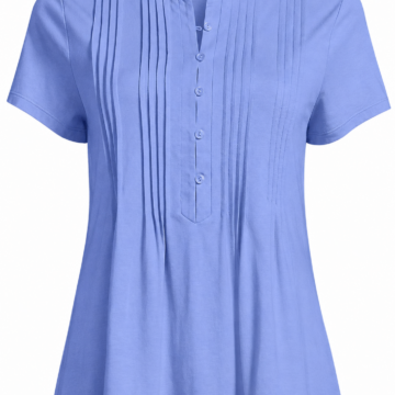 Light Blue Mandarin Collar Short-Sleeve Top with Pintuck Pleats
