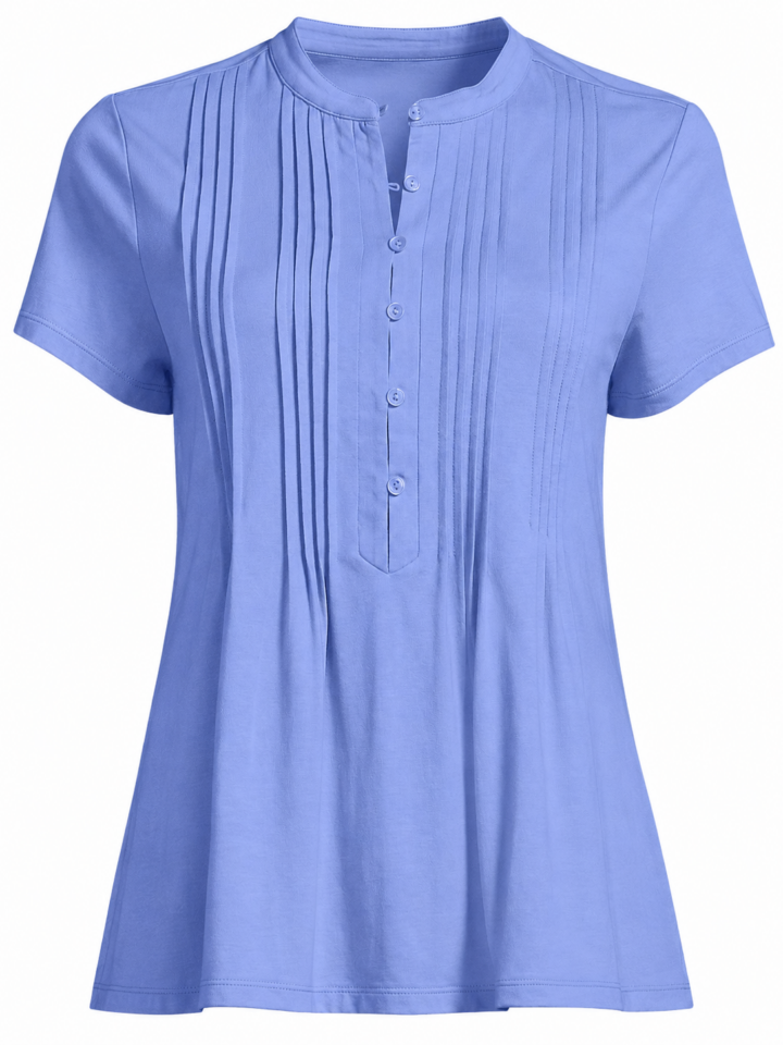 Light Blue Mandarin Collar Short-Sleeve Top with Pintuck Pleats