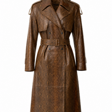 Brown Longline Trench Coat with Snakeskin Pattern and Belt