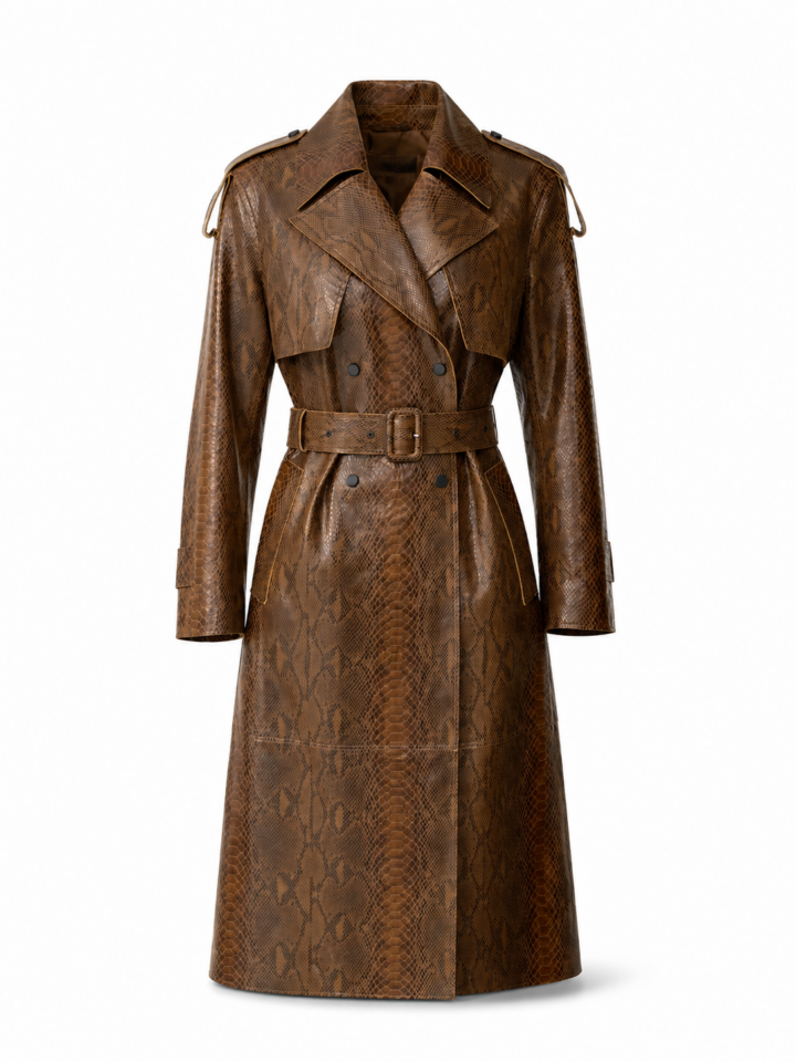 Brown Longline Trench Coat with Snakeskin Pattern and Belt