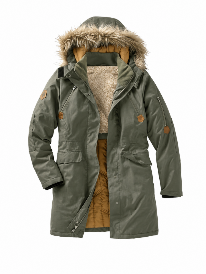 Olive Green Hooded Parka with Faux Fur Trim and Quilted Lining