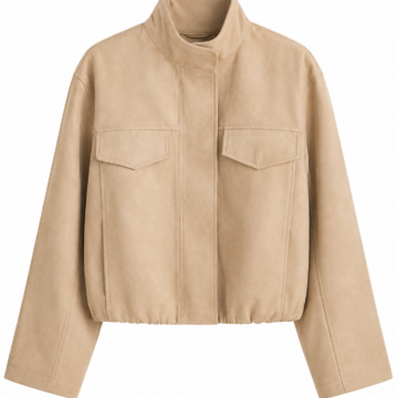 Beige Cropped Jacket with Stand Collar and Elastic Hem