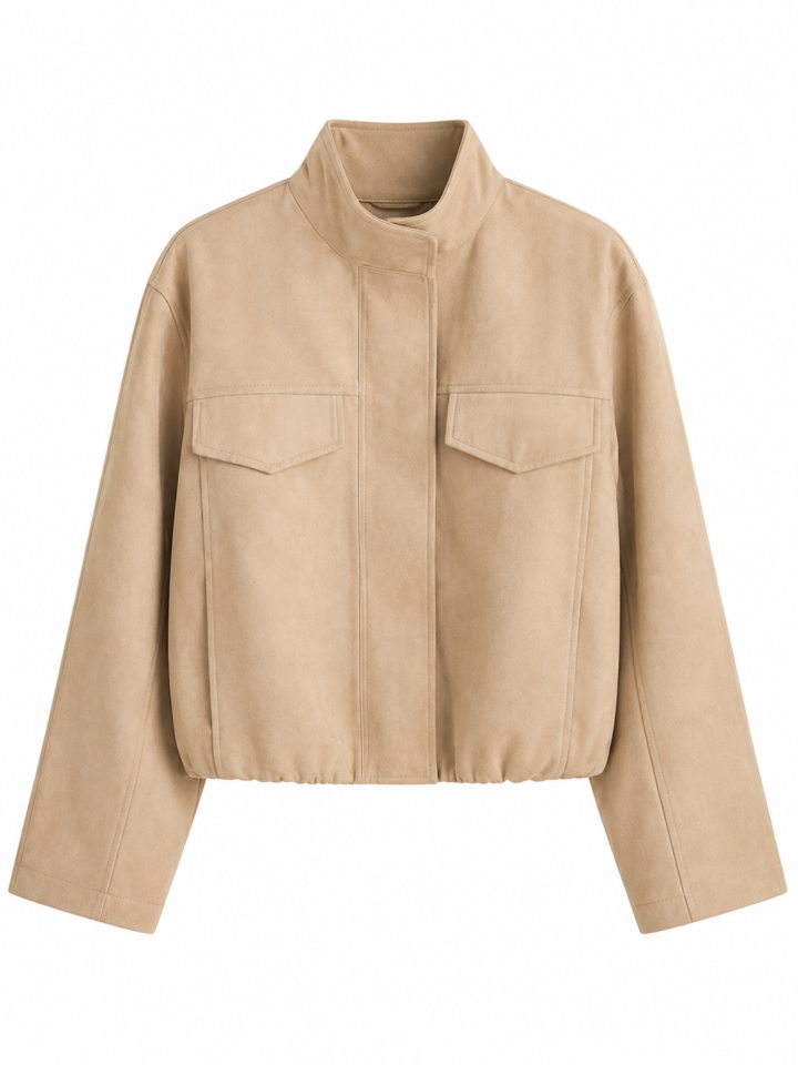 Beige Cropped Jacket with Stand Collar and Elastic Hem