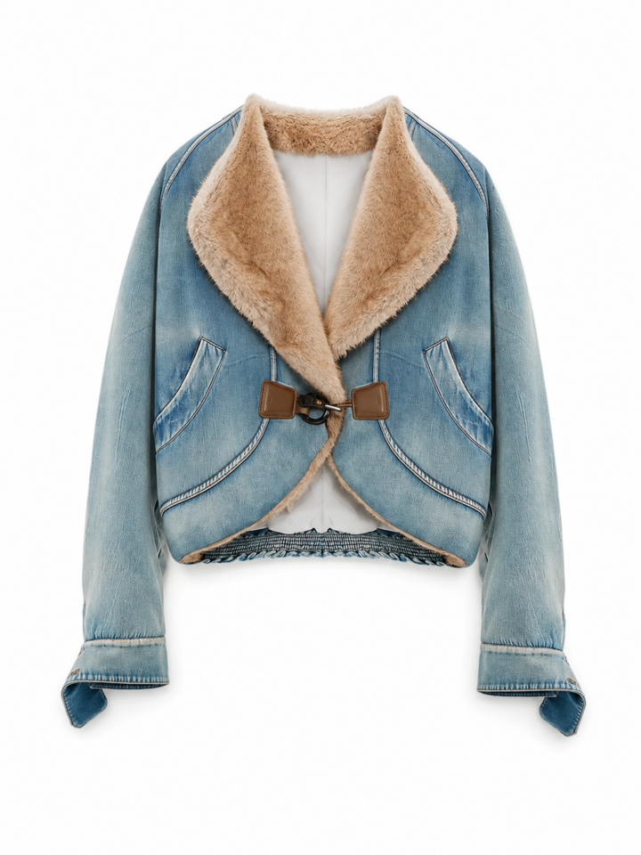 Light-Wash Denim Jacket with Faux Fur Collar and Toggle Closure