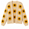Cream Crocheted Cardigan with Sunflower Motif - Open Front