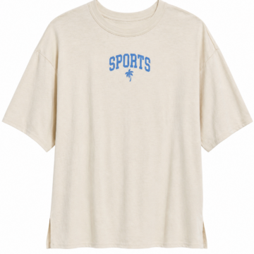 Oversized Cream Heathered T-Shirt with Blue Varsity 'SPORTS' Graphic