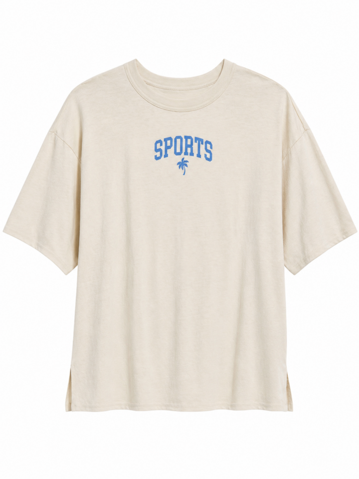 Oversized Cream Heathered T-Shirt with Blue Varsity 'SPORTS' Graphic