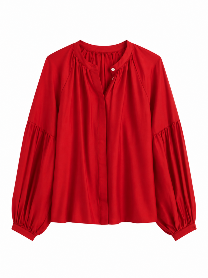 Red Split Neck Long Sleeve Blouse