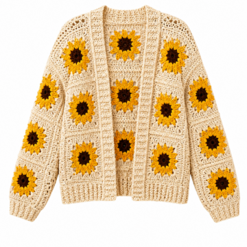 Cream Crocheted Cardigan with Sunflower Motif - Open Front