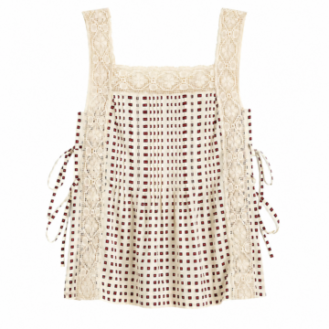 Cream Crochet-Lace Square Neck Sleeveless Top with Checkered Pattern