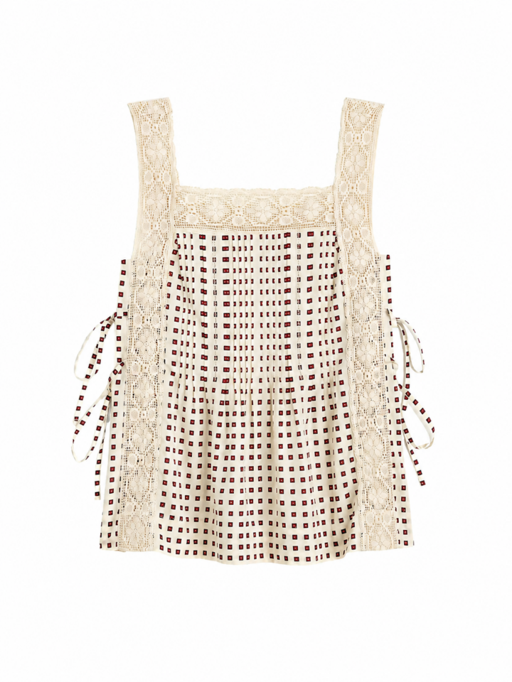 Cream Crochet-Lace Square Neck Sleeveless Top with Checkered Pattern