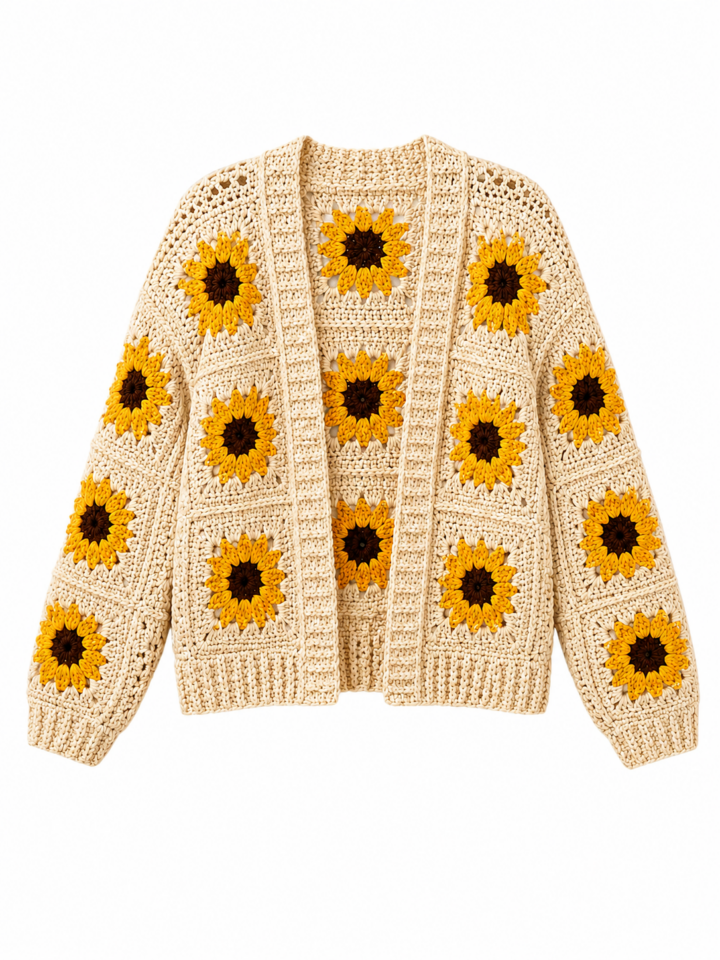 Cream Crocheted Cardigan with Sunflower Motif - Open Front