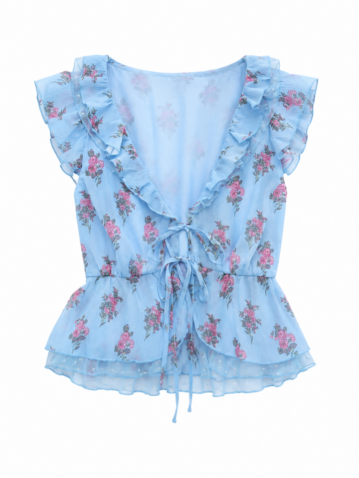 Light Blue Floral Peplum Sleeveless Top
