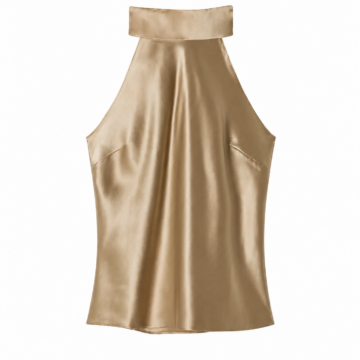 Champagne Gold Mock Neck Halter Sleeveless Top with Draped Front