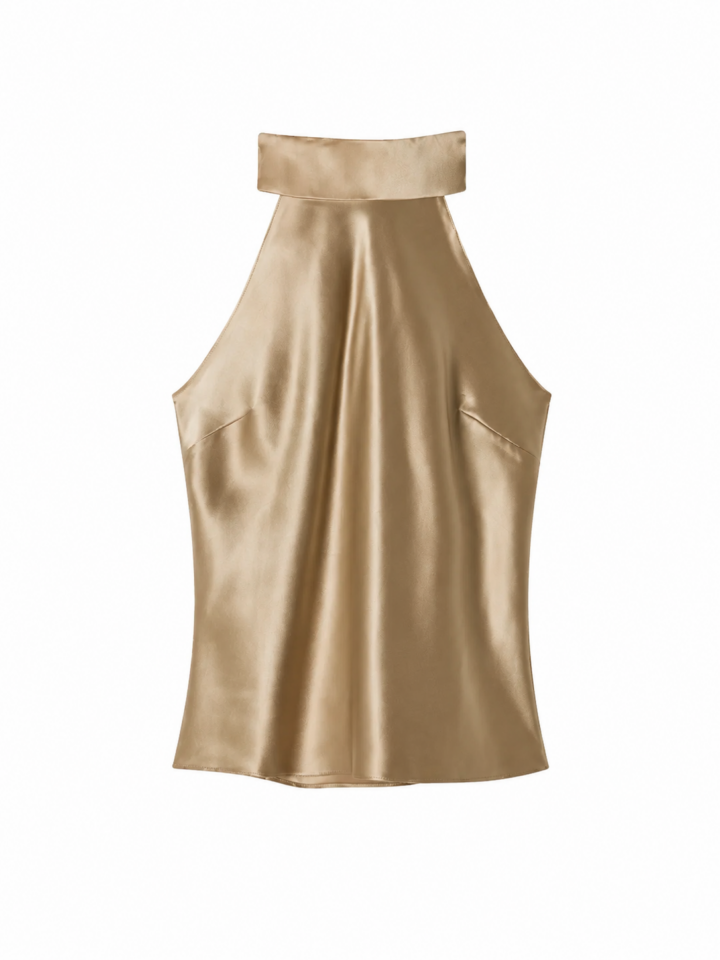 Champagne Gold Mock Neck Halter Sleeveless Top with Draped Front