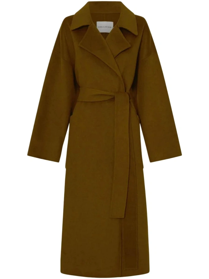 Olive Brown Double-Breasted Longline Trench Coat