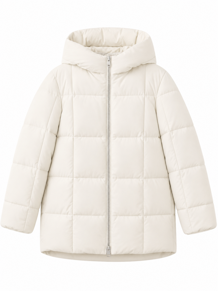 Off-White Hooded Puffer Jacket with Quilted Grid Pattern