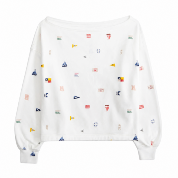 White Off-Shoulder Cropped Sweatshirt with Nautical Print