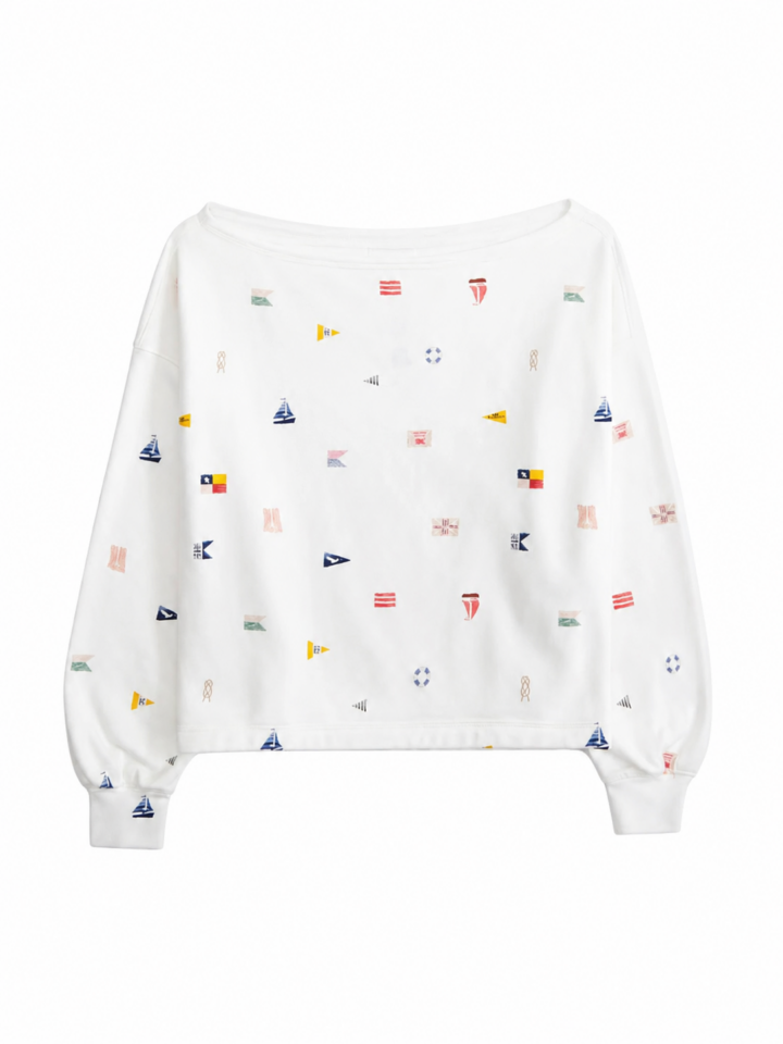 White Off-Shoulder Cropped Sweatshirt with Nautical Print