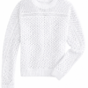 White Textured Open-Knit Sweater with Eyelet Band - Crew Neck