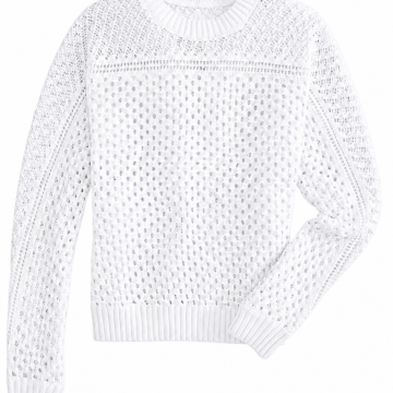 White Textured Open-Knit Sweater with Eyelet Band - Crew Neck
