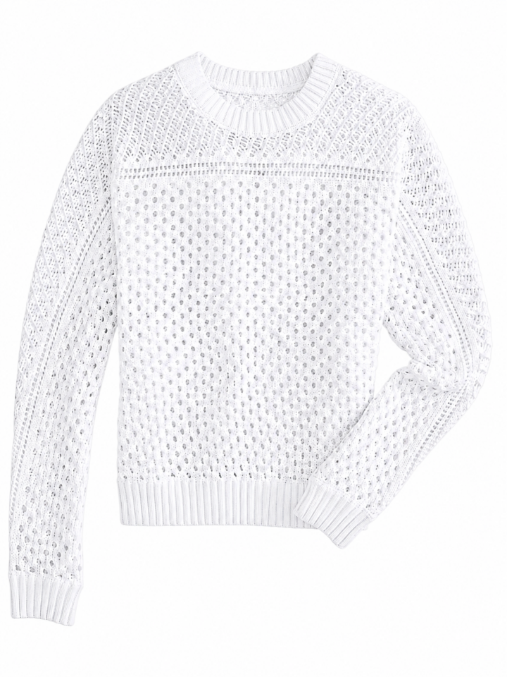 White Textured Open-Knit Sweater with Eyelet Band - Crew Neck