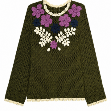 Olive Green Crocheted Oversized Top with Floral Motif and Scalloped Trim
