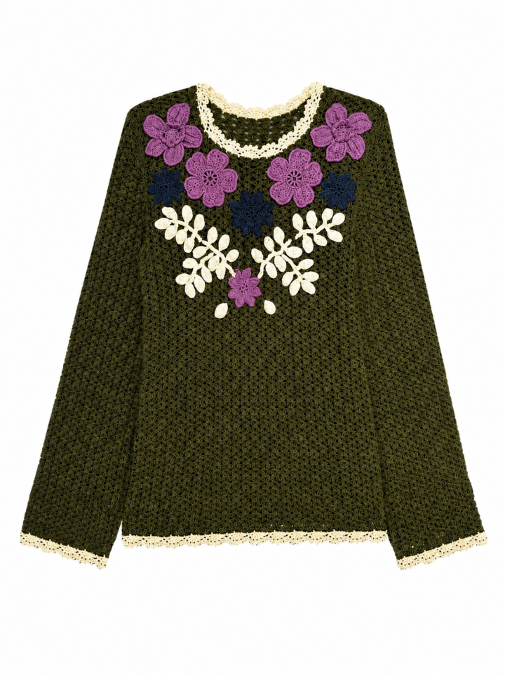 Olive Green Crocheted Oversized Top with Floral Motif and Scalloped Trim