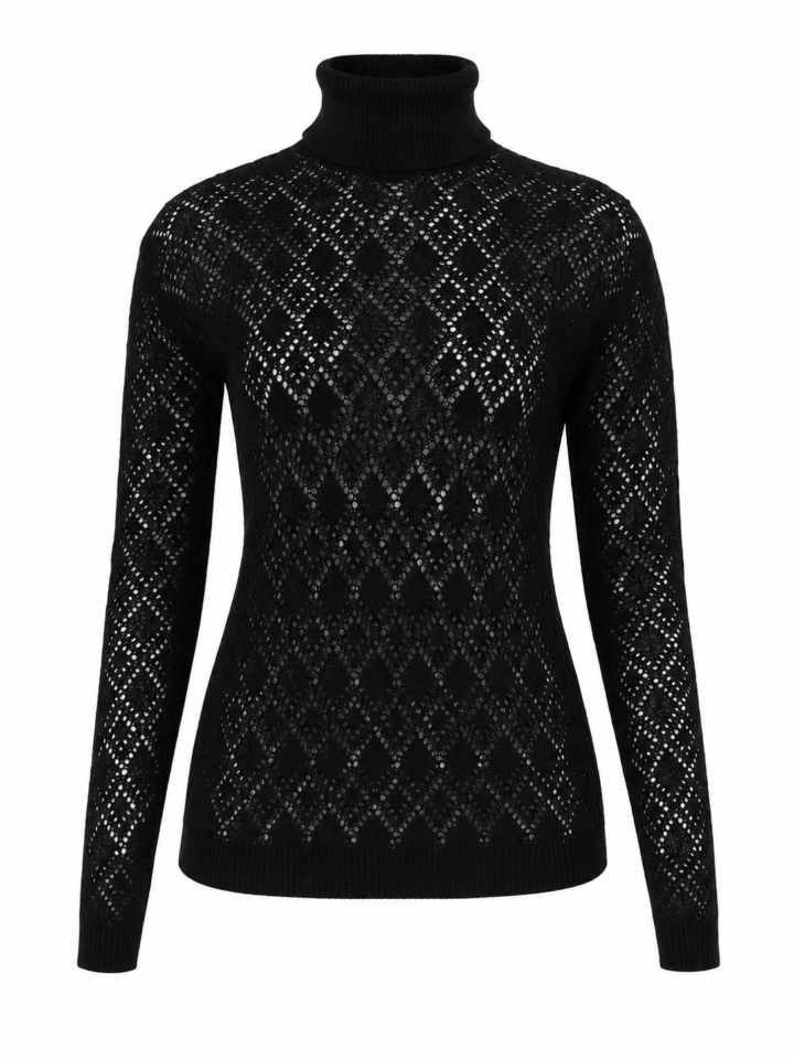 Black Pointelle Knit Turtleneck Sweater
