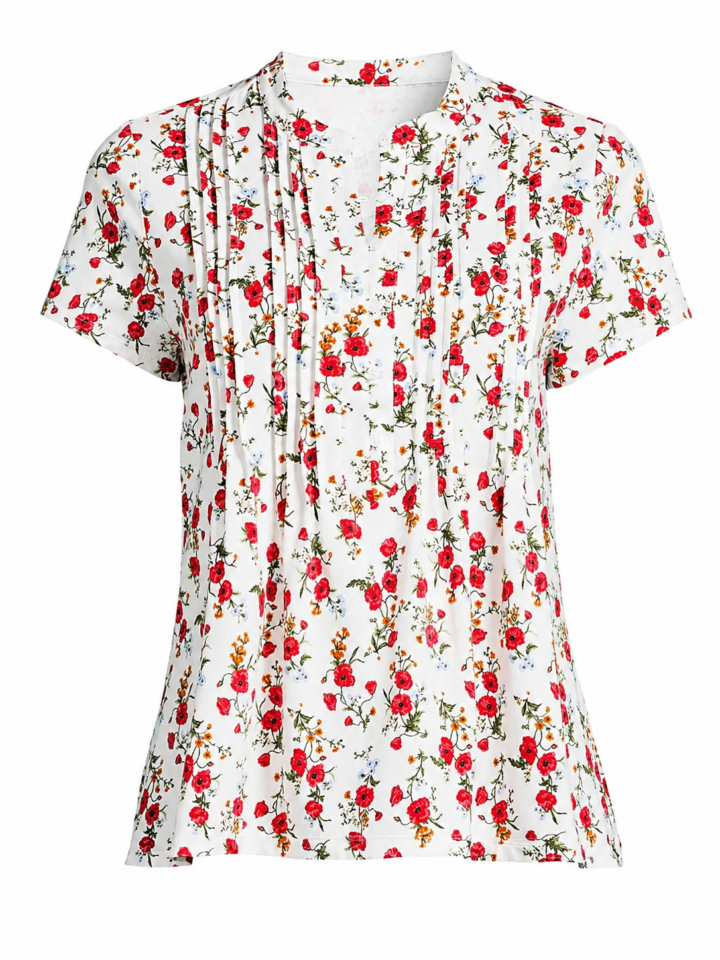 White Blouse with Red and Orange Rose Floral Print
