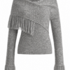 Heather Grey Off-Shoulder Fringe Knit Sweater