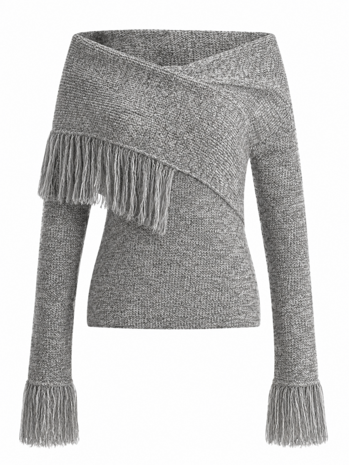 Heather Grey Off-Shoulder Fringe Knit Sweater