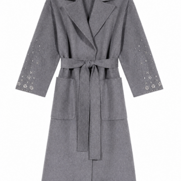 Medium Grey Longline Wrap Coat with Stud Embellished Sleeves
