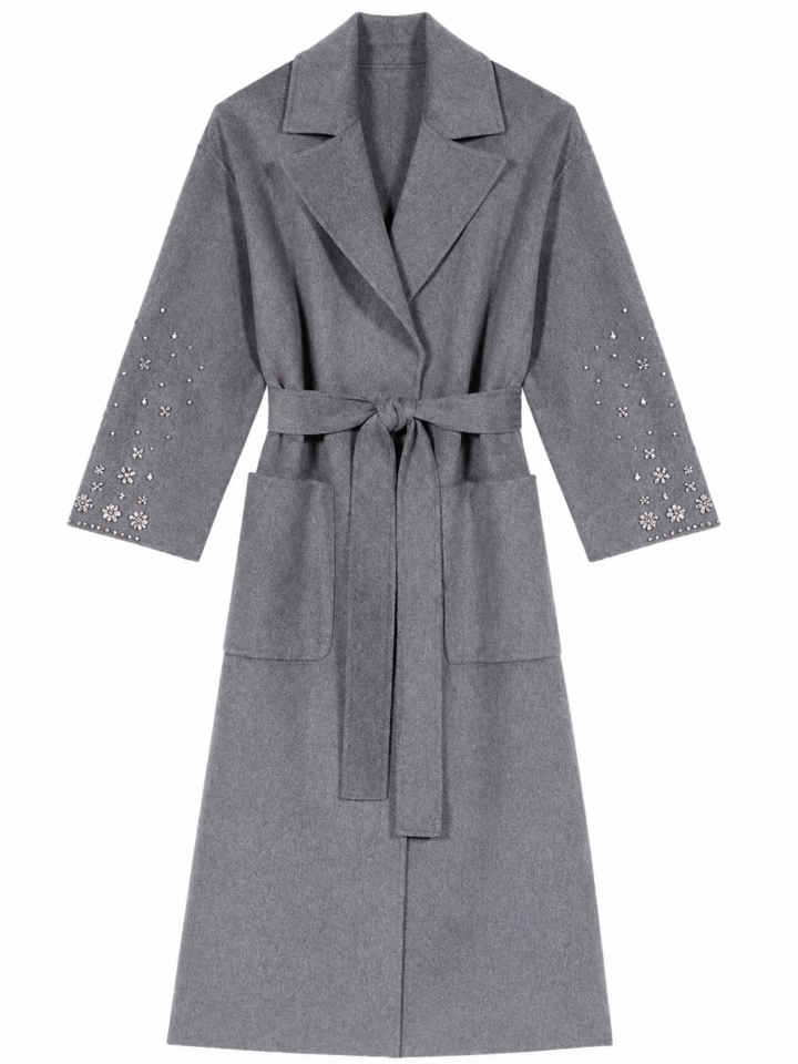 Medium Grey Longline Wrap Coat with Stud Embellished Sleeves
