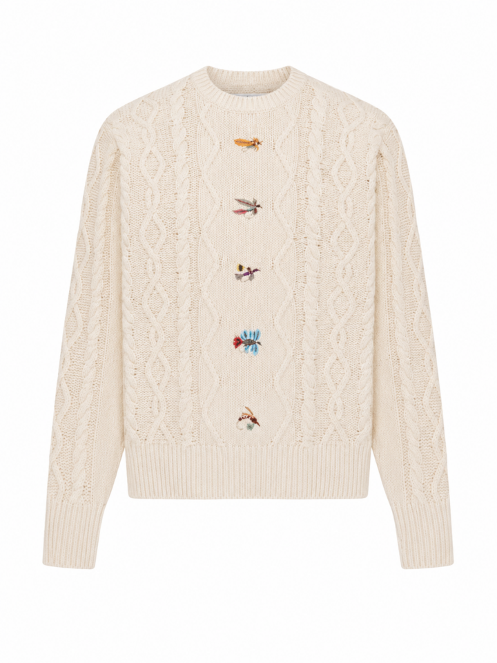 Cream Embroidered Insect Cable Knit Sweater