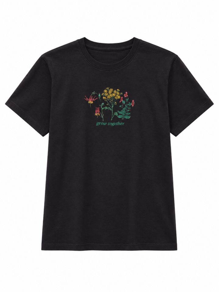 Black Crewneck T-Shirt with Colorful Wildflower Graphic