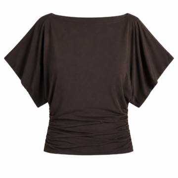 Dark Brown Ruched Dolman Sleeve Top with Boat Neckline
