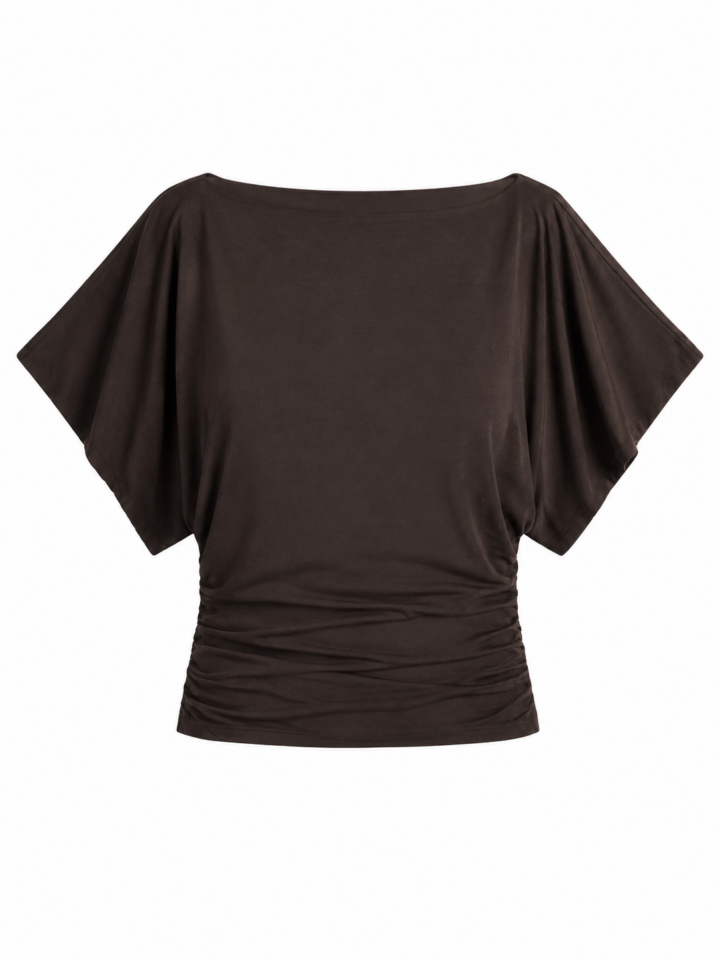 Dark Brown Ruched Dolman Sleeve Top with Boat Neckline