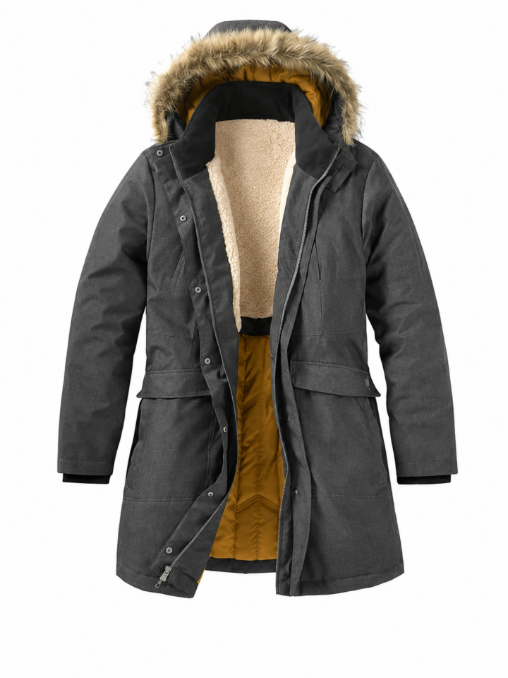 Dark Charcoal Parka with Faux Fur Hood and Quilted Lining