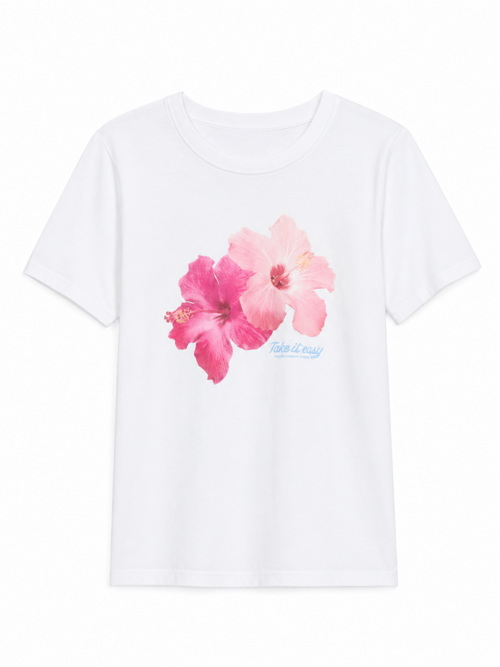 White Crewneck T-Shirt with Pink Hibiscus Graphic