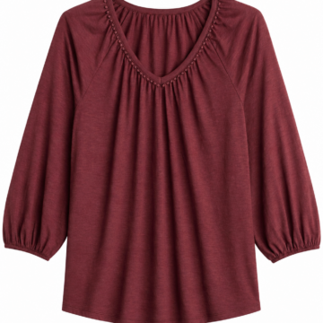 Burgundy V-Neck Top with Metallic Stud Trim and 3/4 Raglan Sleeves