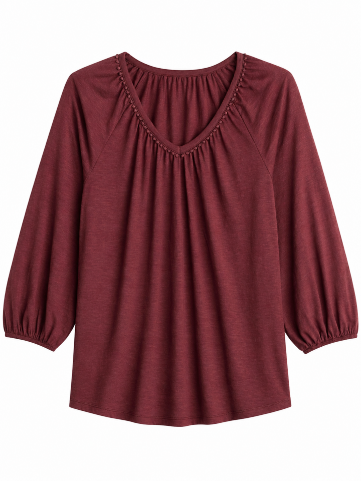Burgundy V-Neck Top with Metallic Stud Trim and 3/4 Raglan Sleeves