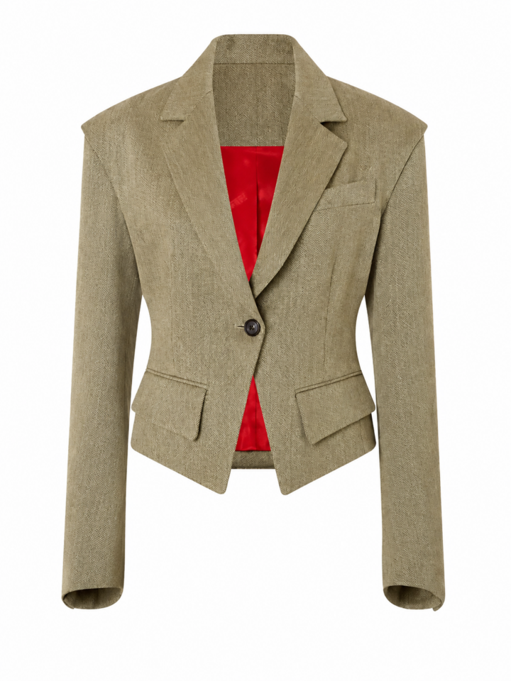 Olive Green Herringbone Tailored Blazer with Notch Lapels