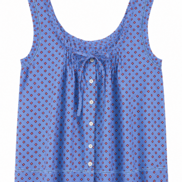 Blue Geometric Print Sleeveless Button-Up Top with Lace Trim