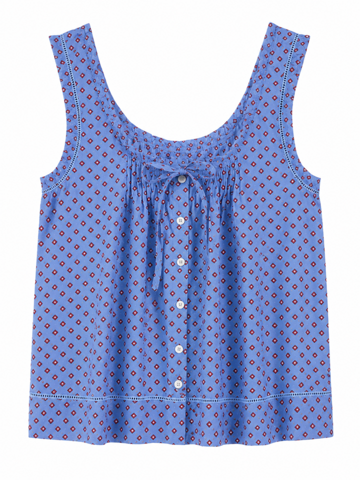 Blue Geometric Print Sleeveless Button-Up Top with Lace Trim