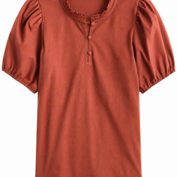 Rust Ruffle Neck Blouse with Puff Sleeves