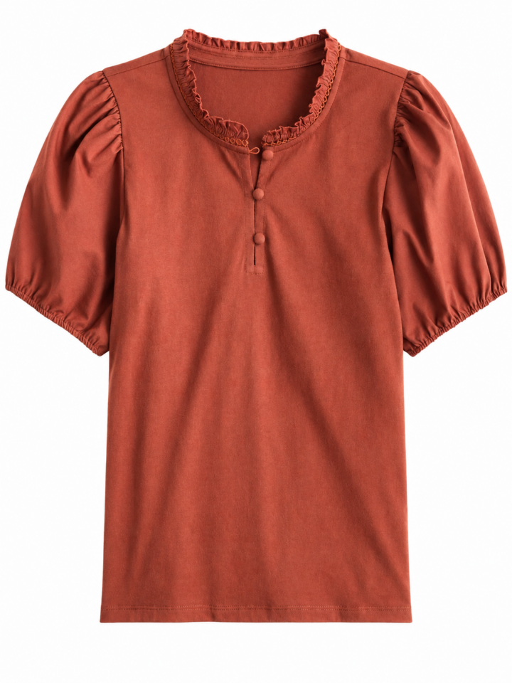 Rust Ruffle Neck Blouse with Puff Sleeves