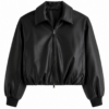 Black Cropped Leather-Like Jacket with Ribbed Cuffs