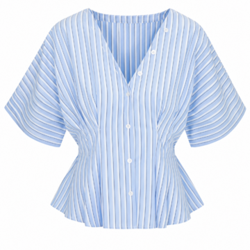 Light Blue and White Striped Peplum Top with Button Front